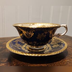 Vtg Paragon Teacup A341 Cobalt Blue Gold Filigree Double Warrant 30s 40s Mint